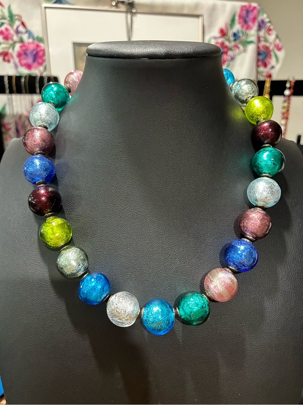 Vintage Antica Murrina Venetian Glass Beaded Necklace in Sterling Silver